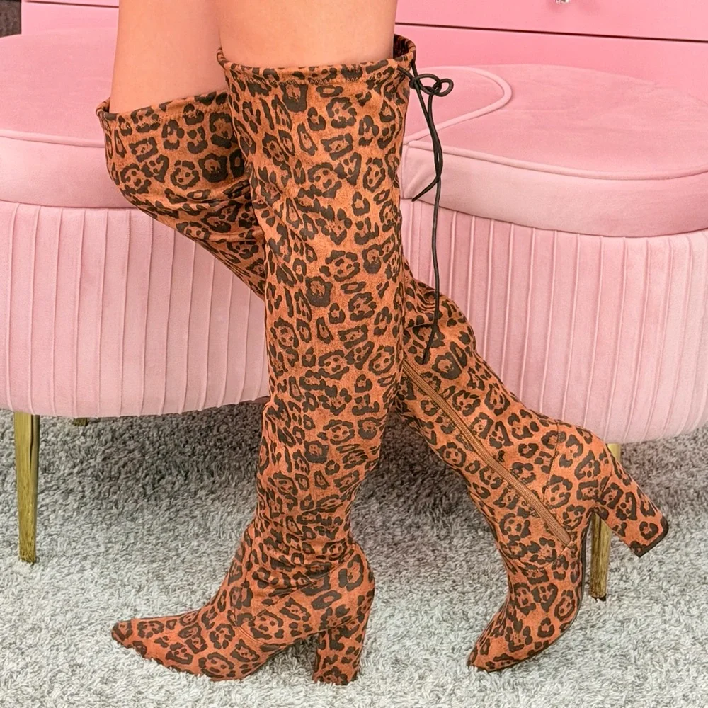 Leopard Print Over-the-Knee Block Heel Boot Fall Winter Women’s Fashion Boots
